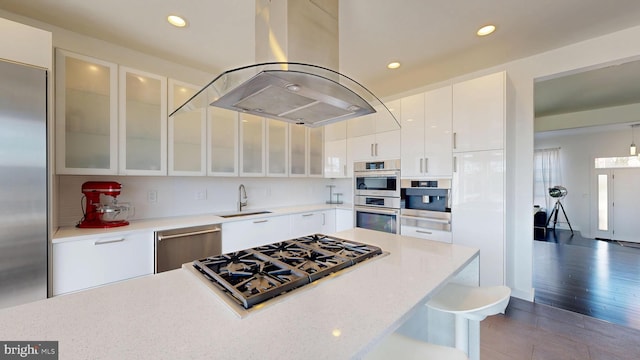kitchen with a sink, stainless steel appliances, recessed lighting, and island range hood