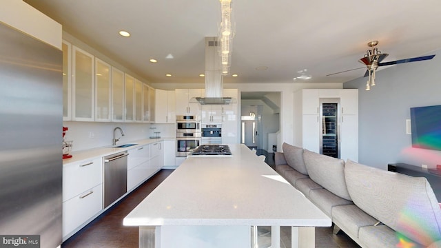 kitchen with open floor plan, modern cabinets, a center island, a sink, and stainless steel appliances