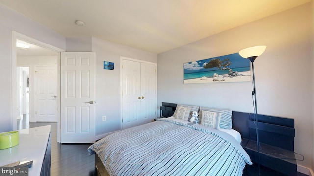 bedroom with dark wood finished floors and a closet