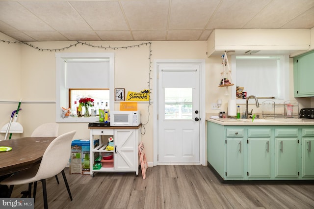 kitchen with light countertops, green cabinetry, wood finished floors, and white microwave