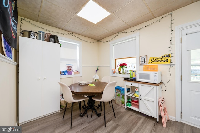dining space featuring a drop ceiling and wood finished floors