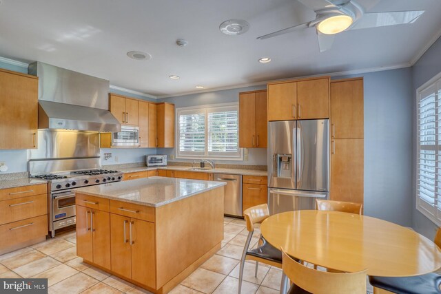 kitchen featuring wall chimney range hood, stainless steel appliances, ornamental molding, and a sink