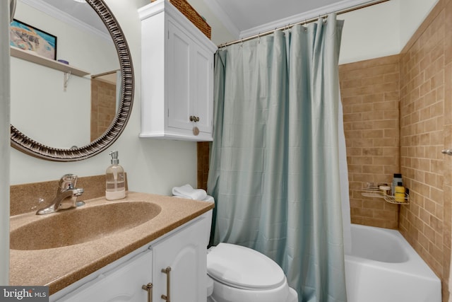 133 Teal Dr, Pasadena, MD 21122 - bathroom with toilet, vanity, ornamental molding, and shower / bath combination with curtain