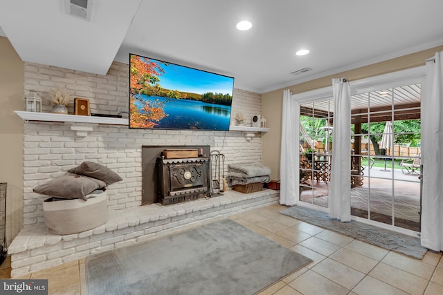 133 Teal Dr, Pasadena, MD 21122 - tiled living area featuring a wood stove, crown molding, and recessed lighting