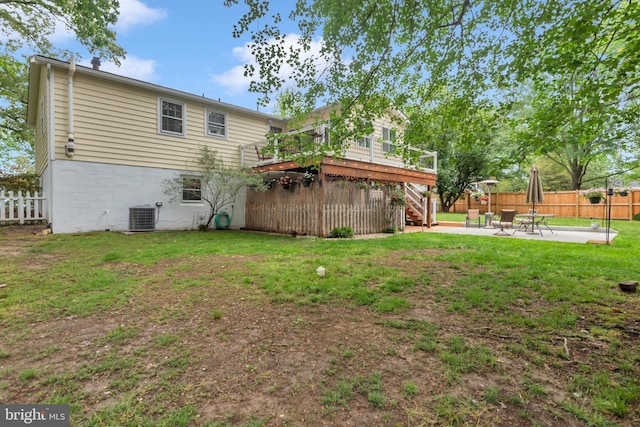133 Teal Dr, Pasadena, MD 21122 - rear view of house with stairway, a patio area, central air condition unit, and a wooden deck
