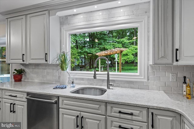 1301 Kelly Ct, Herndon, VA 20170 - kitchen featuring dishwasher, a sink, decorative backsplash, and light stone counters