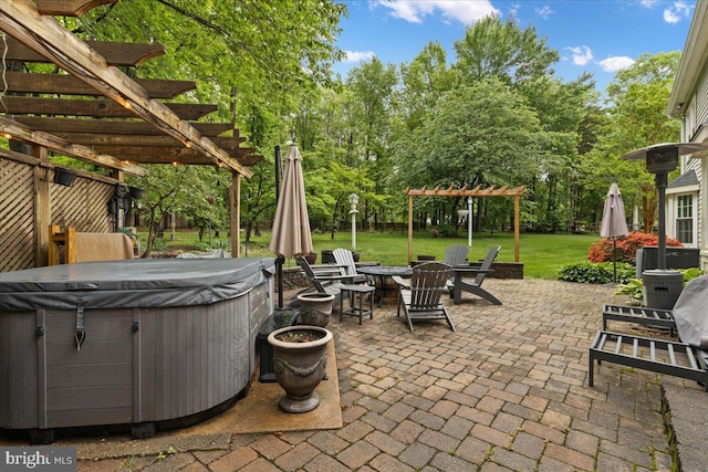 1301 Kelly Ct, Herndon, VA 20170 - view of patio featuring a hot tub, a pergola, and view of wooded area