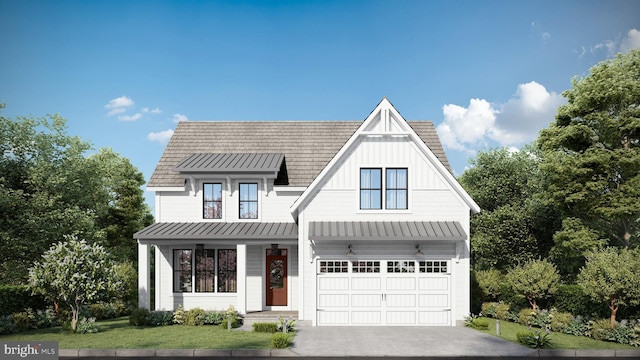 modern inspired farmhouse featuring covered porch, a standing seam roof, driveway, metal roof, and a garage