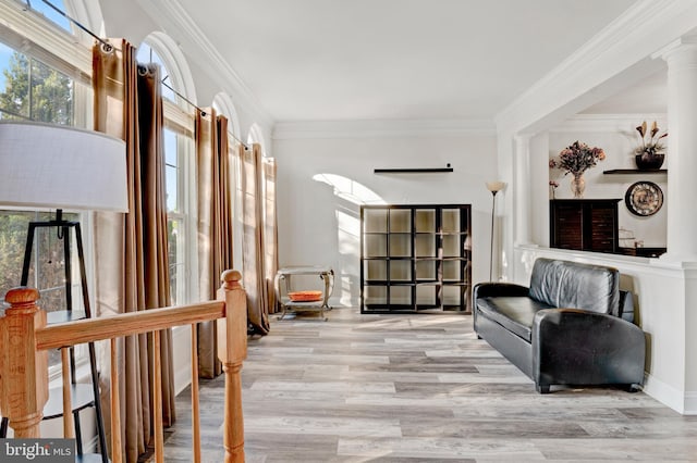 living area featuring ornate columns, ornamental molding, and wood finished floors