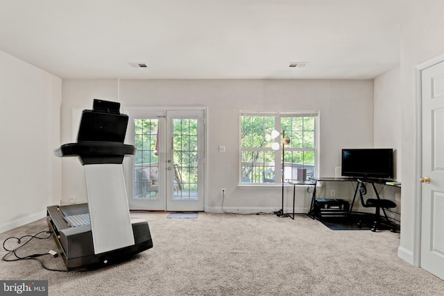 exercise area featuring carpet floors, baseboards, and visible vents