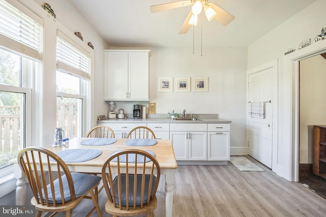 dining room with light wood-type flooring and a ceiling fan