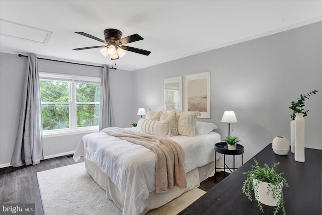 6608 Eaglewing Ln, Fort Washington, MD 20744 - bedroom with dark wood-style flooring, baseboards, ceiling fan, ornamental molding, and attic access