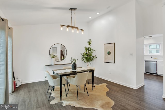 6608 Eaglewing Ln, Fort Washington, MD 20744 - dining room featuring dark wood-type flooring, baseboards, high vaulted ceiling, and recessed lighting