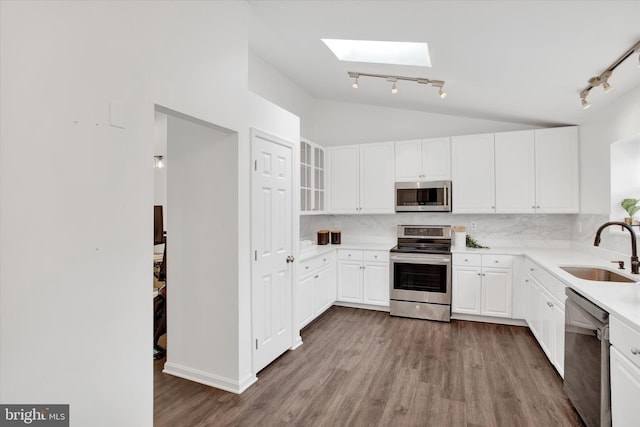 6608 Eaglewing Ln, Fort Washington, MD 20744 - kitchen with stainless steel appliances, a sink, rail lighting, lofted ceiling, and a skylight