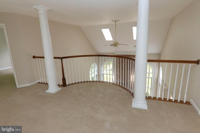 9724 Middleton Ridge Rd, Vienna, VA 22182 - stairs with a ceiling fan, lofted ceiling with skylight, carpet floors, and baseboards