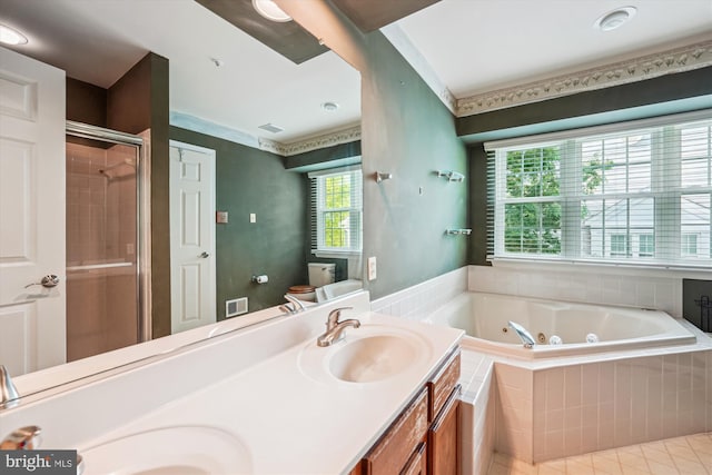 10048 Quiet Brook Ln, Clinton, MD 20735 - full bathroom featuring a jetted tub, a sink, visible vents, tile patterned flooring, and a shower stall