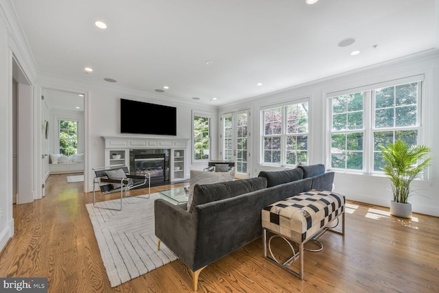 living room featuring a glass covered fireplace, ornamental molding, recessed lighting, and wood finished floors