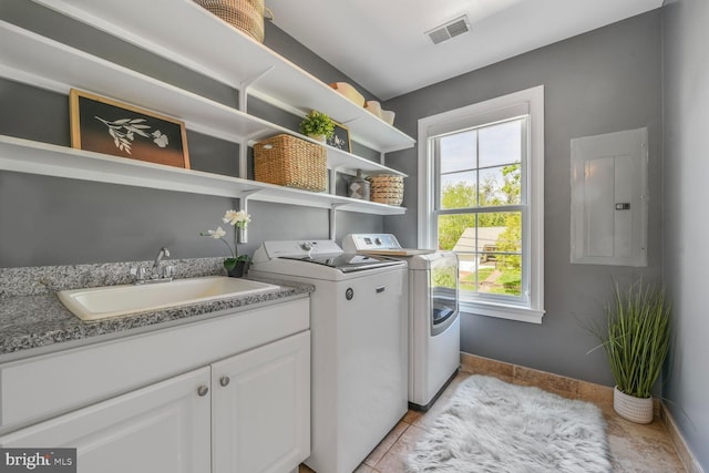 clothes washing area featuring laundry area, electric panel, visible vents, washing machine and dryer, and a sink