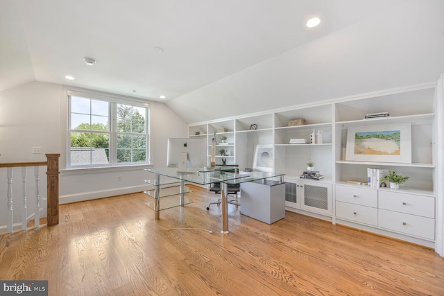 home office featuring recessed lighting, light wood finished floors, and lofted ceiling