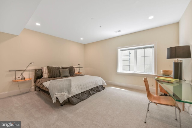 carpeted bedroom with recessed lighting, baseboards, and visible vents