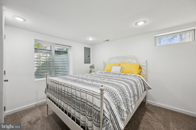 bedroom featuring carpet floors, baseboards, visible vents, and electric panel