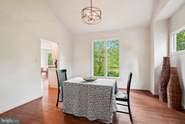 1145 Water Pointe Ln, Reston, VA 20194 - dining space with a chandelier, wood finished floors, baseboards, and lofted ceiling