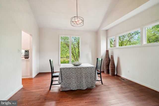 1145 Water Pointe Ln, Reston, VA 20194 - dining room with healthy amount of natural light, a chandelier, wood finished floors, and high vaulted ceiling