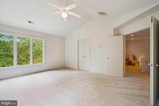 1145 Water Pointe Ln, Reston, VA 20194 - unfurnished bedroom featuring light colored carpet, high vaulted ceiling, ceiling fan, and baseboards