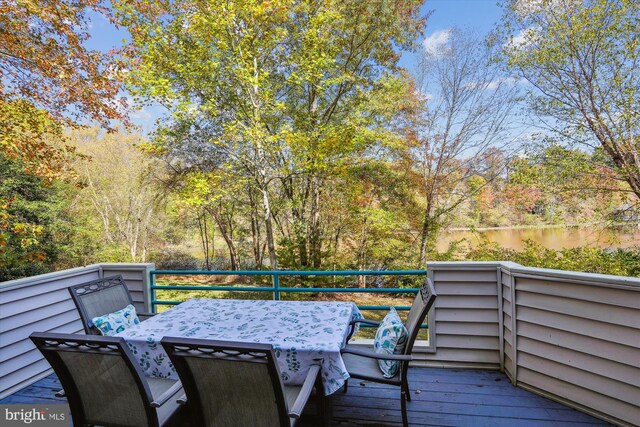 1145 Water Pointe Ln, Reston, VA 20194 - wooden deck featuring outdoor dining area and a water view