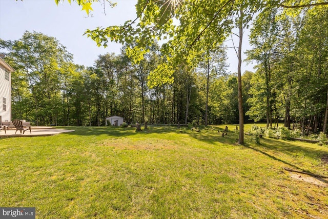 view of grassy yard featuring a storage unit, an outbuilding, and a patio area