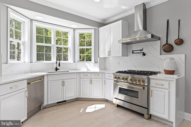 kitchen with stainless steel appliances, wall chimney range hood, a sink, healthy amount of natural light, and ornamental molding