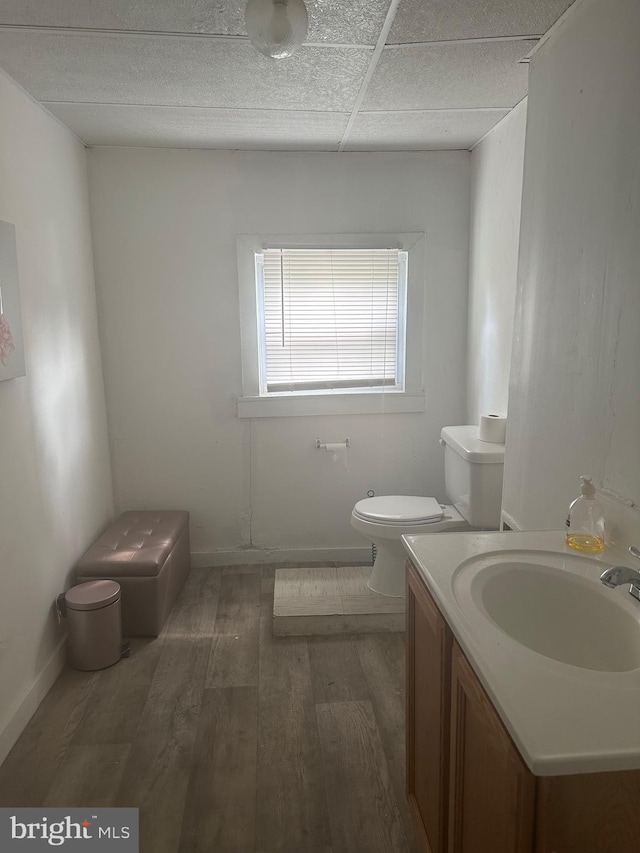 bathroom featuring baseboards, vanity, toilet, and wood finished floors