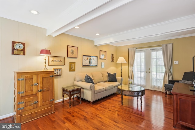 living area with french doors, ornamental molding, beam ceiling, and dark wood-style floors