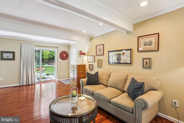 living area with ornamental molding, wood finished floors, beamed ceiling, baseboards, and recessed lighting
