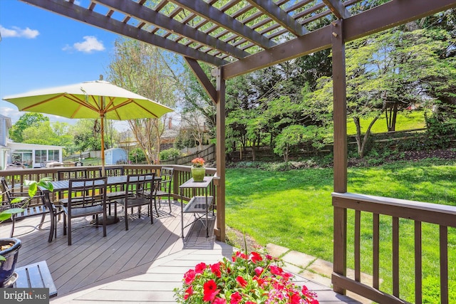 wooden deck with a lawn, a fenced backyard, a pergola, and outdoor dining space