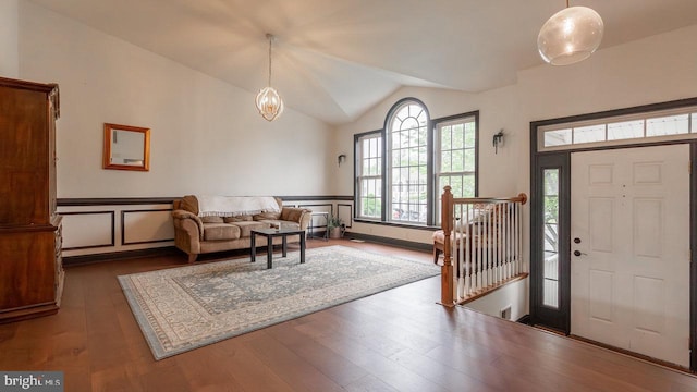 11400 Rolling Green Pl, Hagerstown, MD 21742 - entrance foyer featuring a chandelier, wood finished floors, wainscoting, and lofted ceiling
