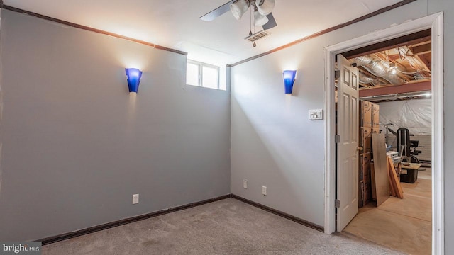11400 Rolling Green Pl, Hagerstown, MD 21742 - basement featuring ornamental molding, carpet, visible vents, ceiling fan, and baseboards