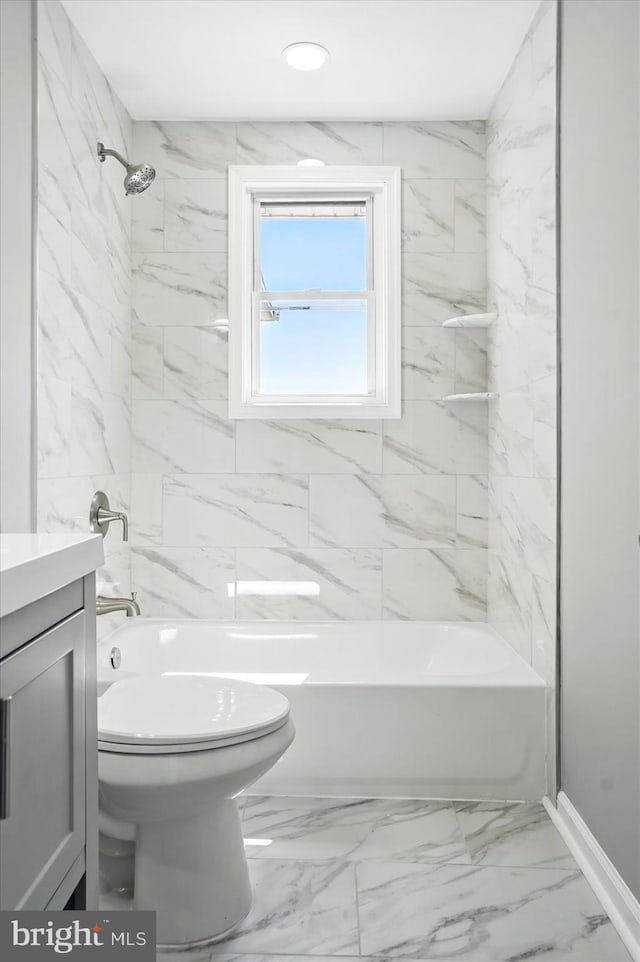 bathroom featuring vanity, toilet, recessed lighting, shower / bath combination, and baseboards