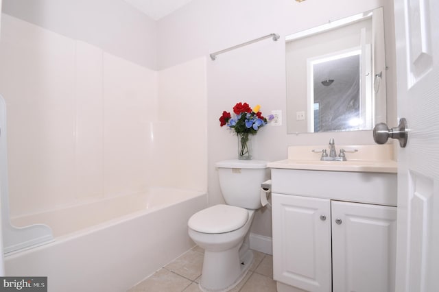 bathroom with toilet, shower / bath combination, tile patterned flooring, and vanity