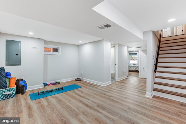 5371 Chillum Pl NE, Washington, DC 20011 - workout room with electric panel, baseboards, wood finished floors, and recessed lighting