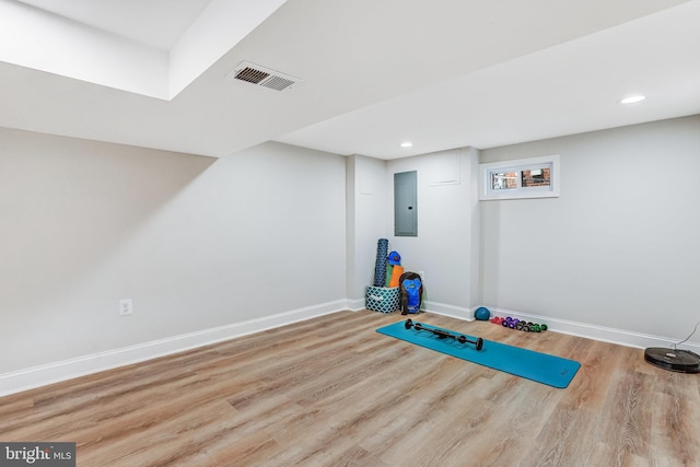5371 Chillum Pl NE, Washington, DC 20011 - exercise room with baseboards, wood finished floors, recessed lighting, and electric panel