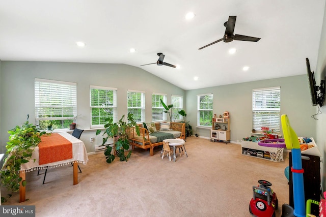 9033 Allington Manor Cir W, Frederick, MD 21703 - game room with a ceiling fan, baseboards, carpet, and vaulted ceiling