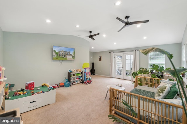 9033 Allington Manor Cir W, Frederick, MD 21703 - game room with carpet flooring, french doors, ceiling fan, lofted ceiling, and recessed lighting