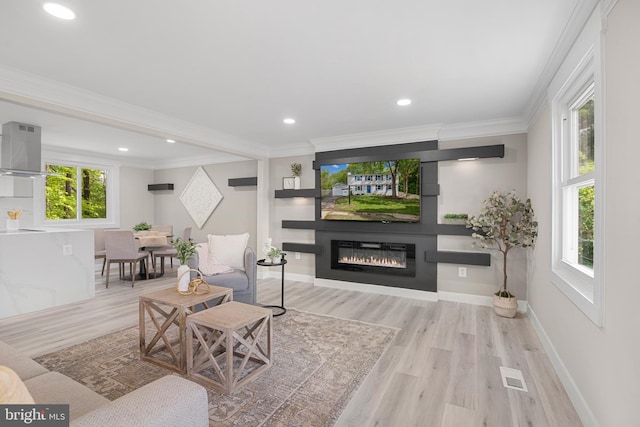 living room featuring visible vents, crown molding, a glass covered fireplace, and wood finished floors