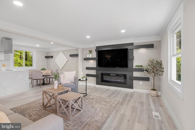 living room with a large fireplace, baseboards, wood finished floors, visible vents, and ornamental molding