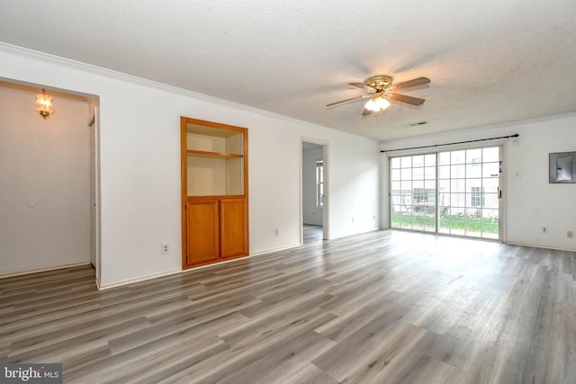 unfurnished living room with a ceiling fan, light wood finished floors, and a textured ceiling