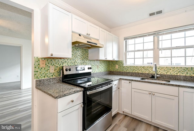 kitchen featuring stainless steel electric range, a sink, light wood-style floors, under cabinet range hood, and visible vents