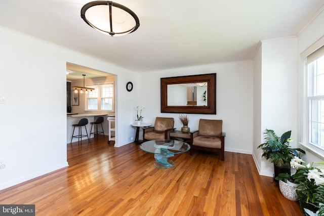 living area featuring baseboards, ornamental molding, and wood finished floors