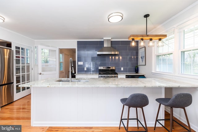 kitchen with wall chimney range hood, stainless steel appliances, a sink, and a wealth of natural light
