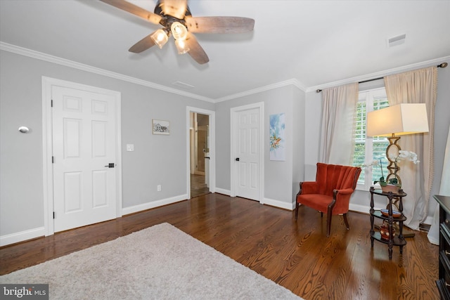 723 Ann Dr, Kennett Square, PA 19348 - living area with ornamental molding, wood finished floors, a ceiling fan, and baseboards
